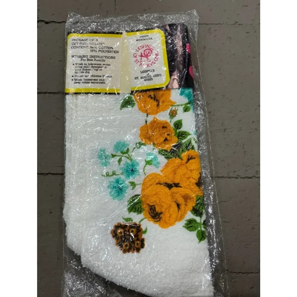 Leshner of St Mary's, Ohio Vintage Floral Wash Cloths Package of 3